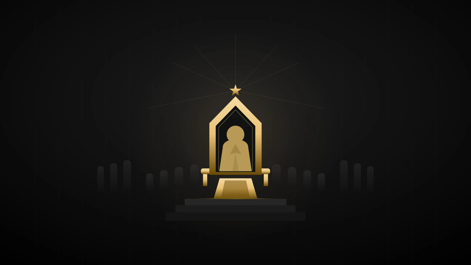 Trono dourado com a silhueta de um ministro togado, coroado pela estrela da República e um facho de autoridade, ladeado pelas cadeiras do colegiado — o poder monocrático no STF